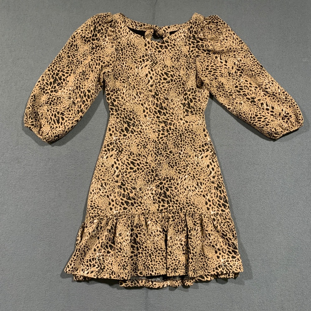 Maeve Anthropologie Leopard Print Cutout Back Puff Sleeve Mini Dress Size 8 Tan